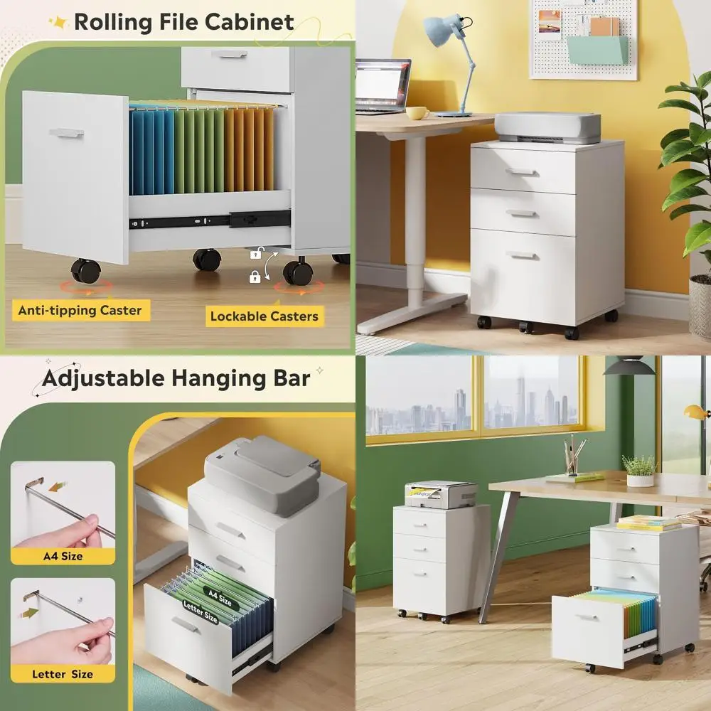 

White 3-Drawer Mobile File Cabinet with Rolling Wheels for Letter and A4 Papers