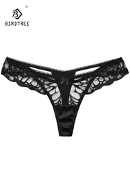 BirdTree 93%Real Silk Sexy Briefs, Women's Hollowing Out, French Transparent Lace Erotic T-back Underwear, 2024 Summer P41940QC