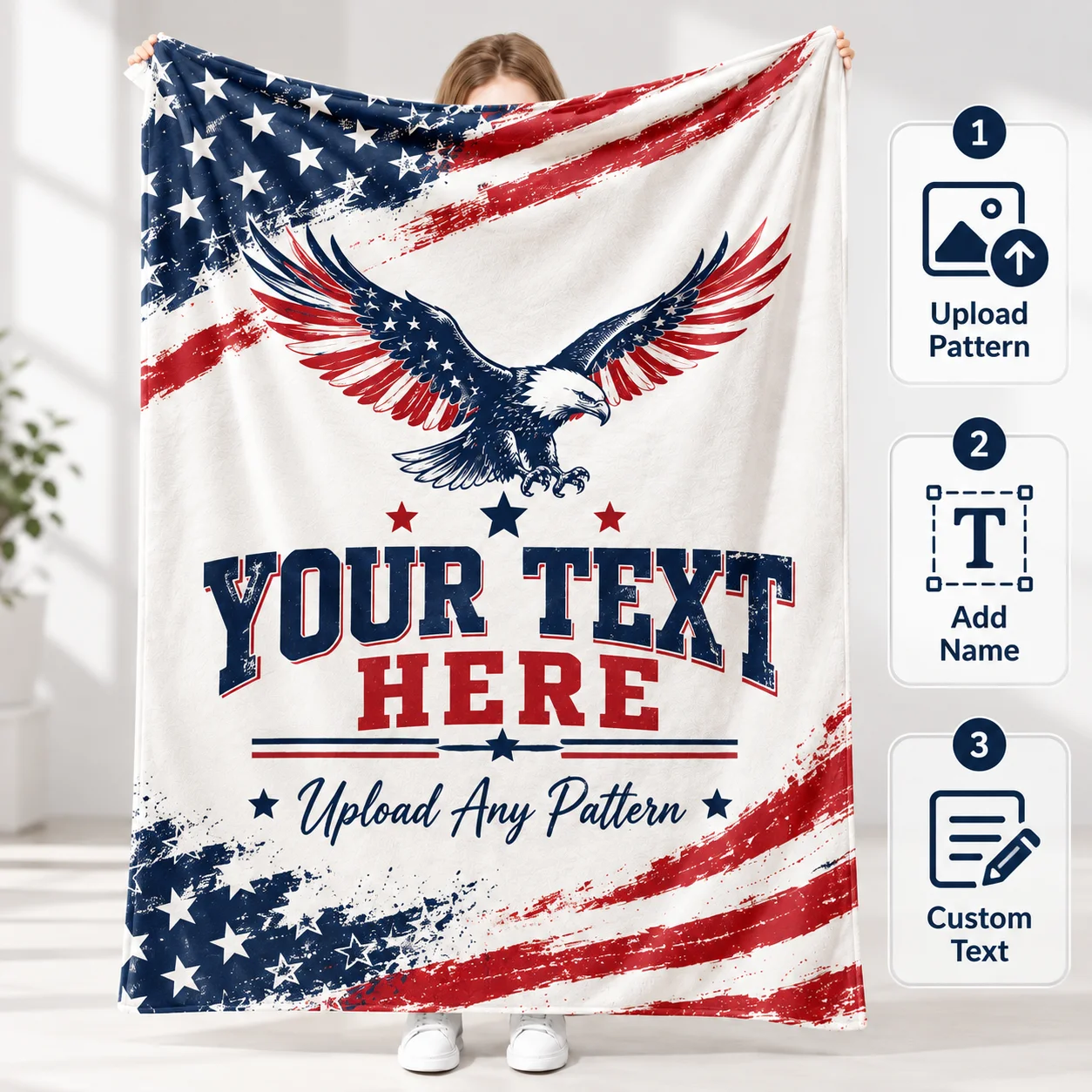Personalized American Flag Throw Blanket Custom Photo Text Flannel Blanket Vintage USA Statue Of Liberty Print Soft