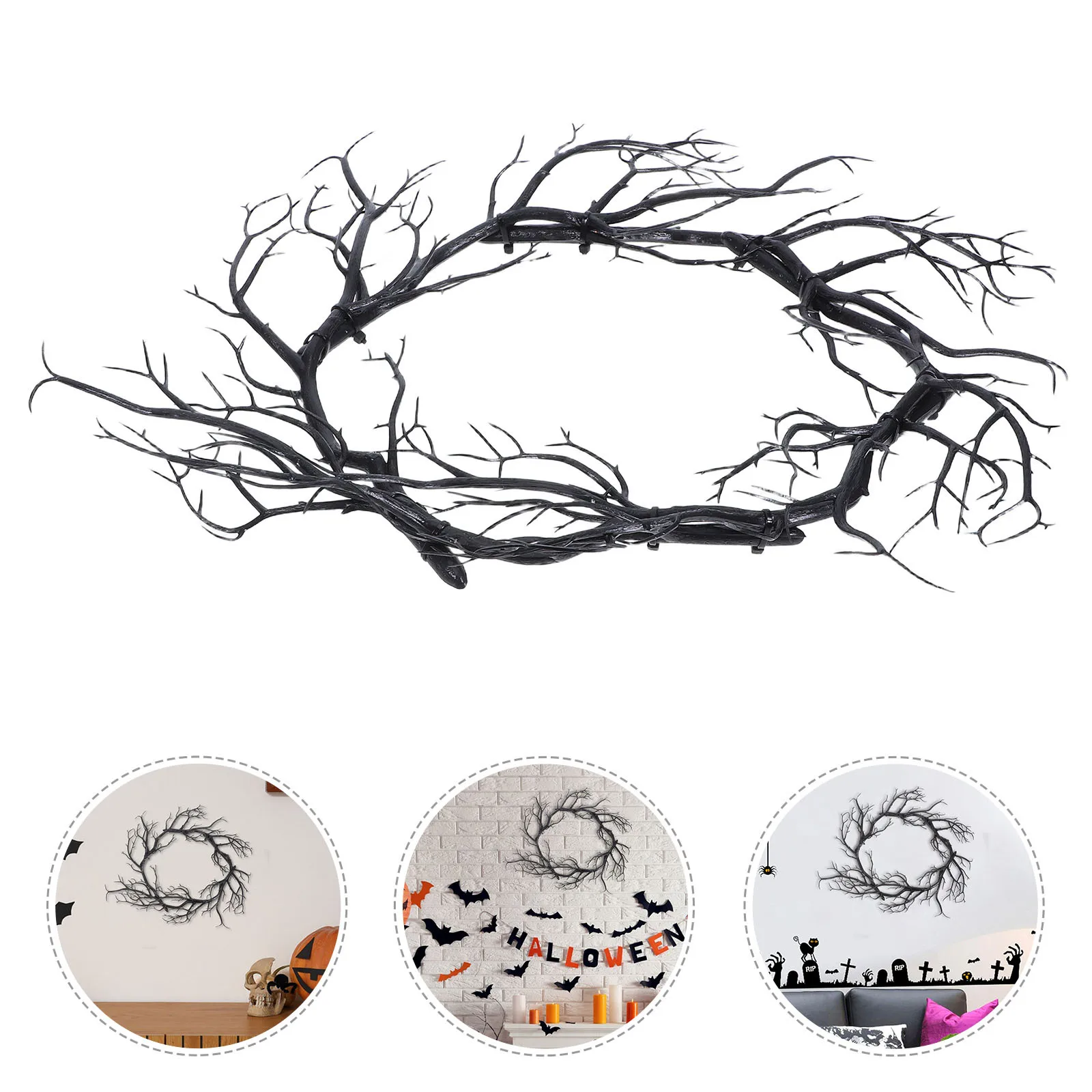 

Black Twig Garland Halloween Wreath for Door Wall Hanging Decorative Ornament Festive Home Holiday Party Decoration
