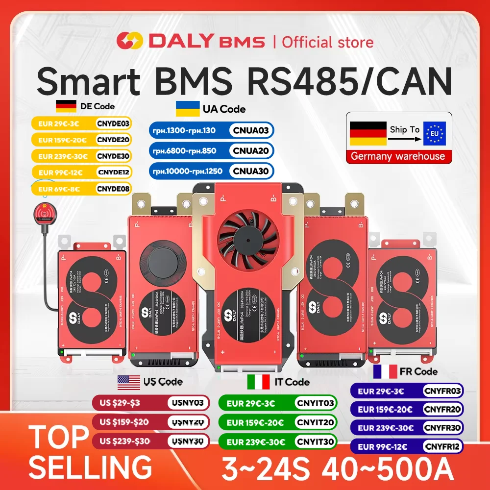 Daly Smart BMS LiFePo4 4S 12V BMS 8S 24S 72V 48V 16S 40A 60A 100A 150A 200A 250A 300A 3.7V Li-Ion BMS 7S 13S 14S 3.2V BMS