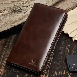 HUMERPAUL Genuine Leather Men's Wallet Large Capacity Organizer Cell Phone Clutch Bag Retro RFID Blocking Card Holder Coin Purse