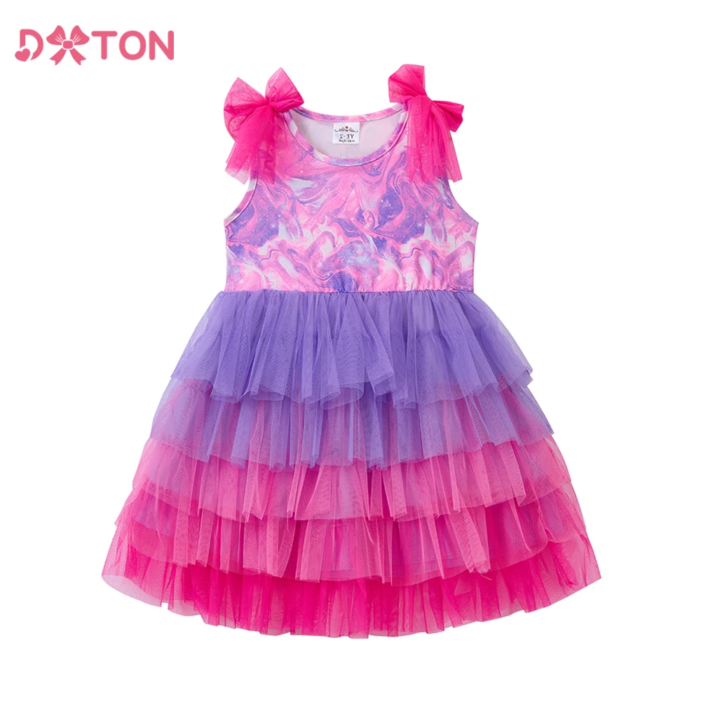 DXTON Summer Holiday Kids Clothing Drawing Girls Party Dresses Bow Tie Sleeveless Elegant Summer Vacation Princess Cake Dress