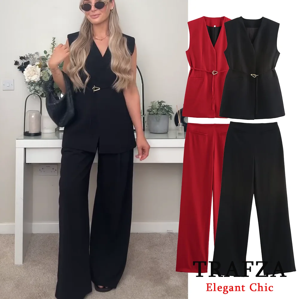 TRAFZA Fashion 2024 Autumn Minimalist Casual Belt Vest And Pants Suit Women\'s Vest and Wide Leg Pants Suit Office Lady Suit