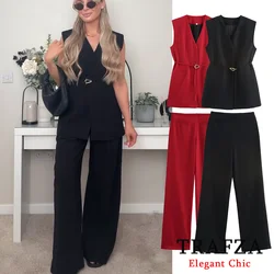 TRAFZA Fashion 2024 Autumn Minimalist Casual Belt Vest And Pants Suit Women's Vest and Wide Leg Pants Suit Office Lady Suit