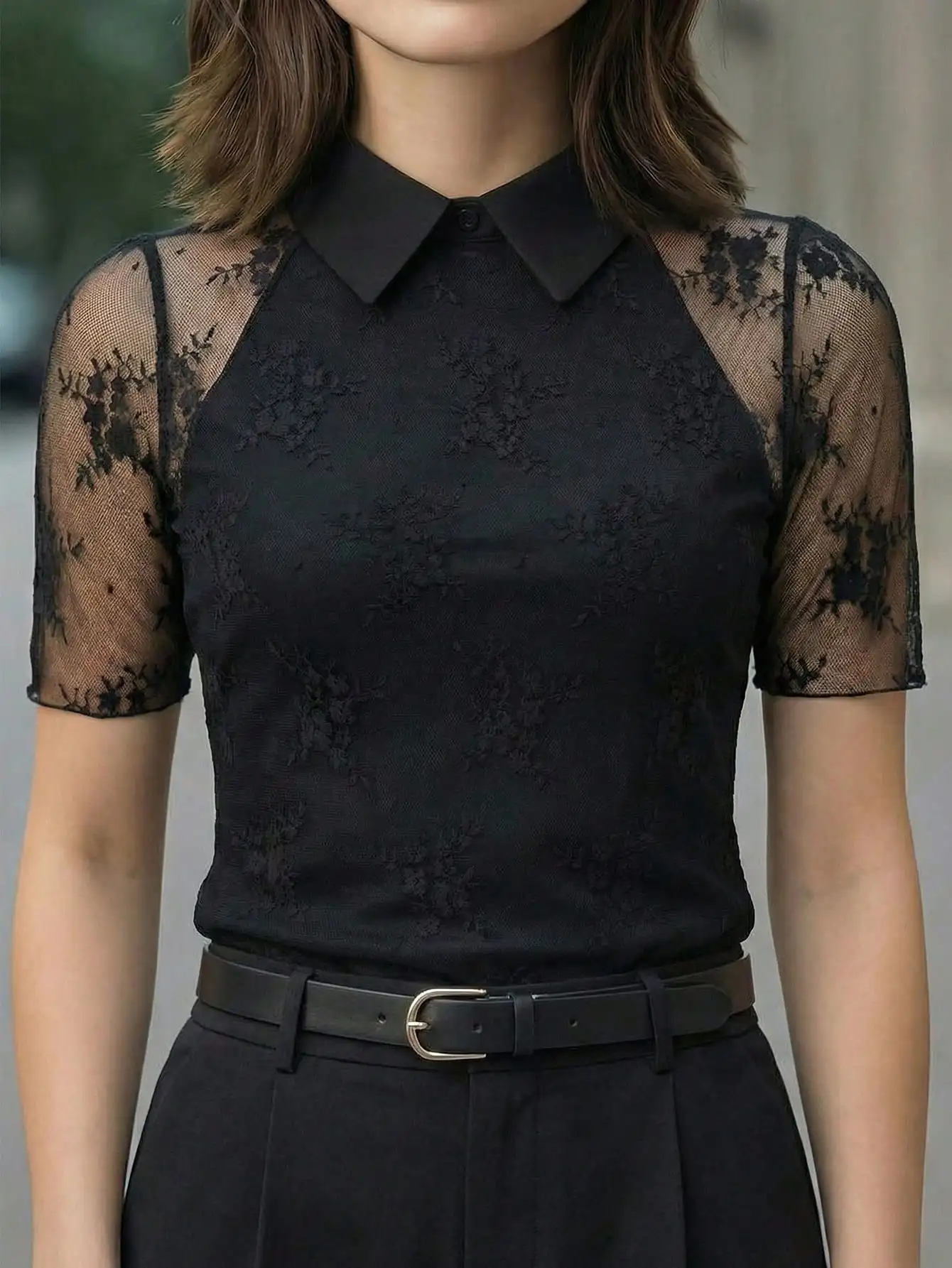 

Women's Black Lace Sheer Mesh Short Sleeve Collared Dress Blouse for Work, Office & Daily Wear