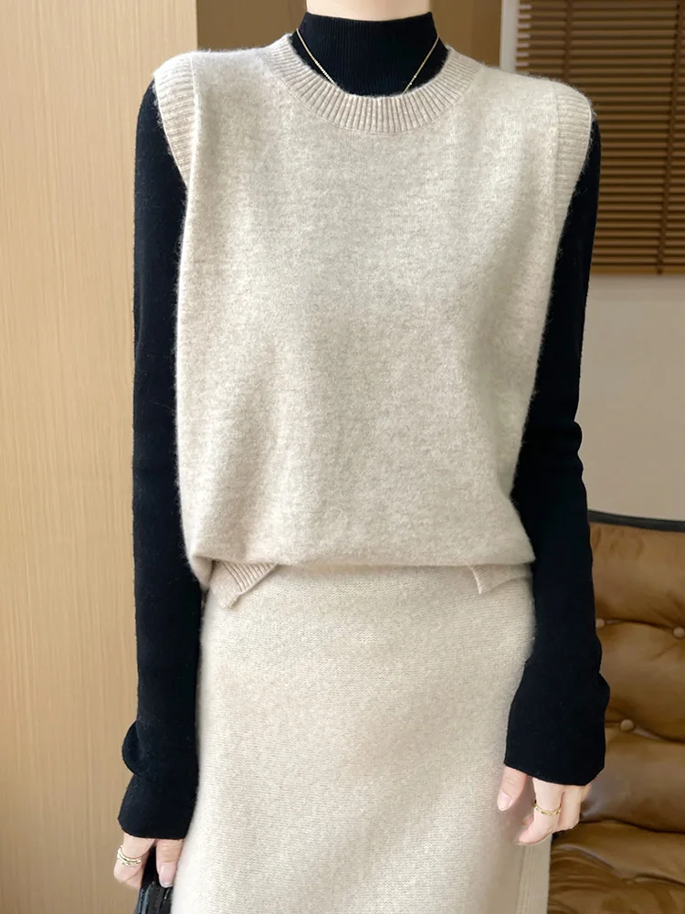 

100% Merino Wool Pulllover Vest Autumn Winter New Women Cashmere Knitwear Swearter O-neck Basic Staple Korean Style Waistcoats