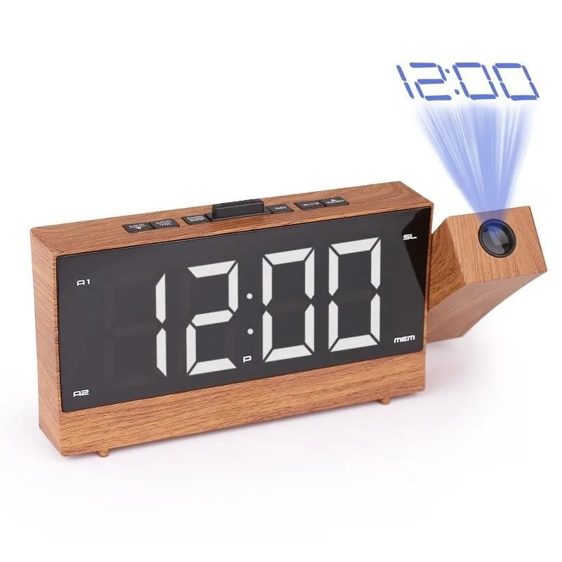 USB Powered Wood Grain Projection Clock LED Digital Alarm With Radio Bedroom Decorative Night Lamp