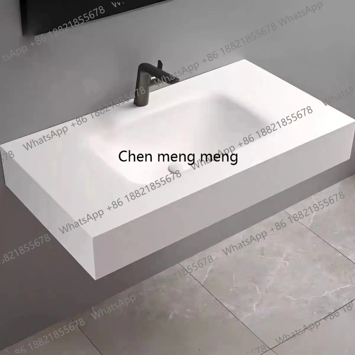 Bathroom Sink Rectangular Vessel Sink, Wall Mount Above Counter Vanity Sink, Rock Slab Integrated Basin White Basin with Over