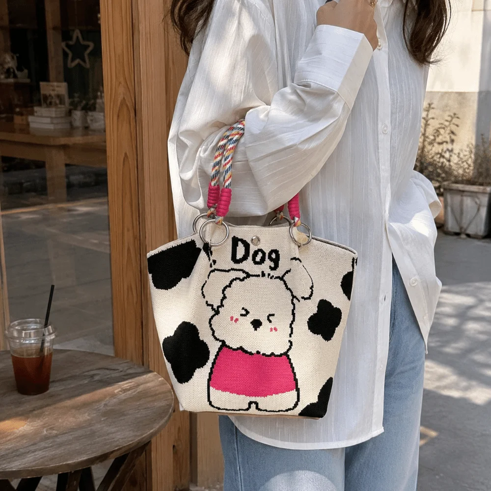 Eco-Friendly Knitted Bucket Bag Large Capacity Magnetic Snap Closure Cartoon Handbag Woven Ring Buckle Lightweight