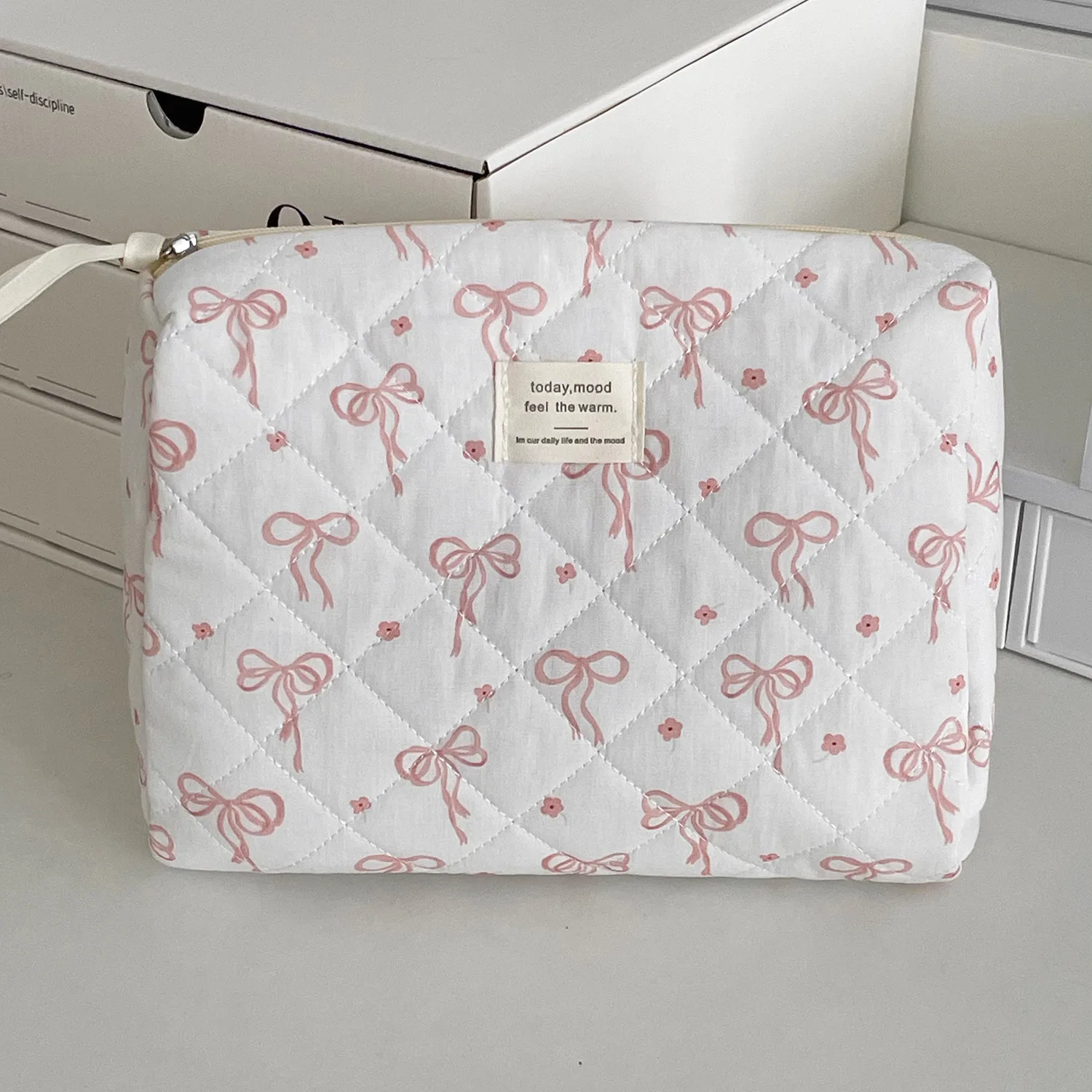 Borsa per trucco trapuntata da donna con fiocco alla moda Borsa portatile per cosmetici da toilette Borsa per fiori Borse con cerniera