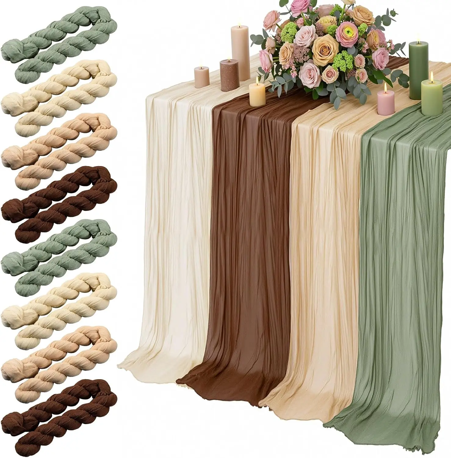 8Pcs Cheesecloth Runner Sage Green Brown Boho Rustic Sheer Wedding Baby Shower Bridal Jungle Safari Birthday Home Arbor Decor
