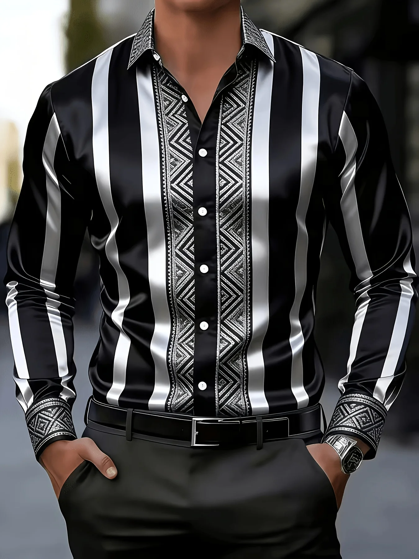 Men Long Sleeve Button Down Shirt Black White Vertical Stripe Ethnic Geometric Print Polyester Lapel Collar Party