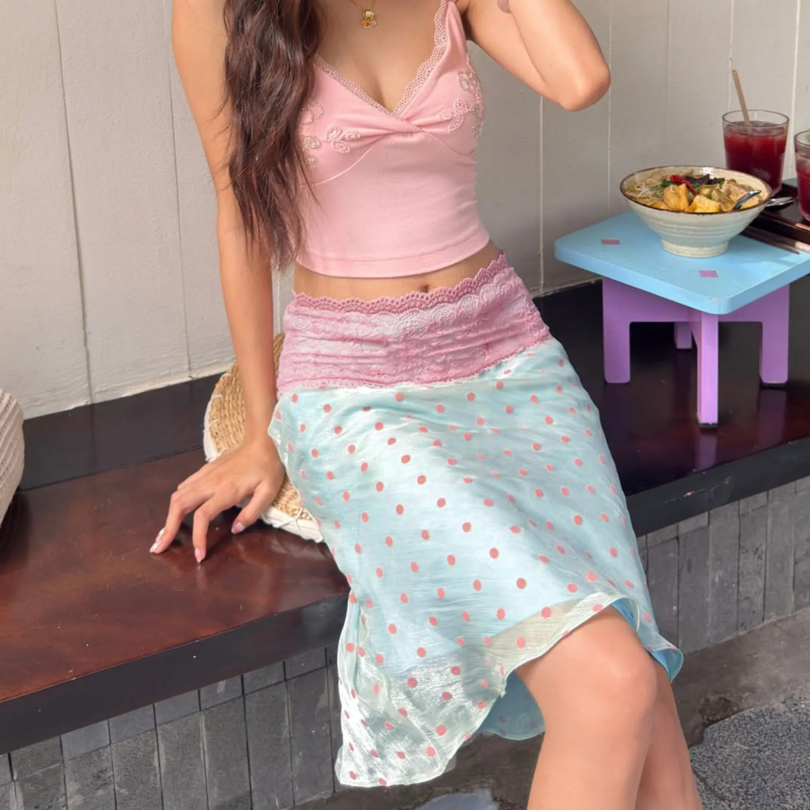 Gtpdpllt Women Elegant Lace Spliced Midi Skirts Sexy Dots Print High Waist Retro Casual Straight Midi Skirts Y2K Streetwear