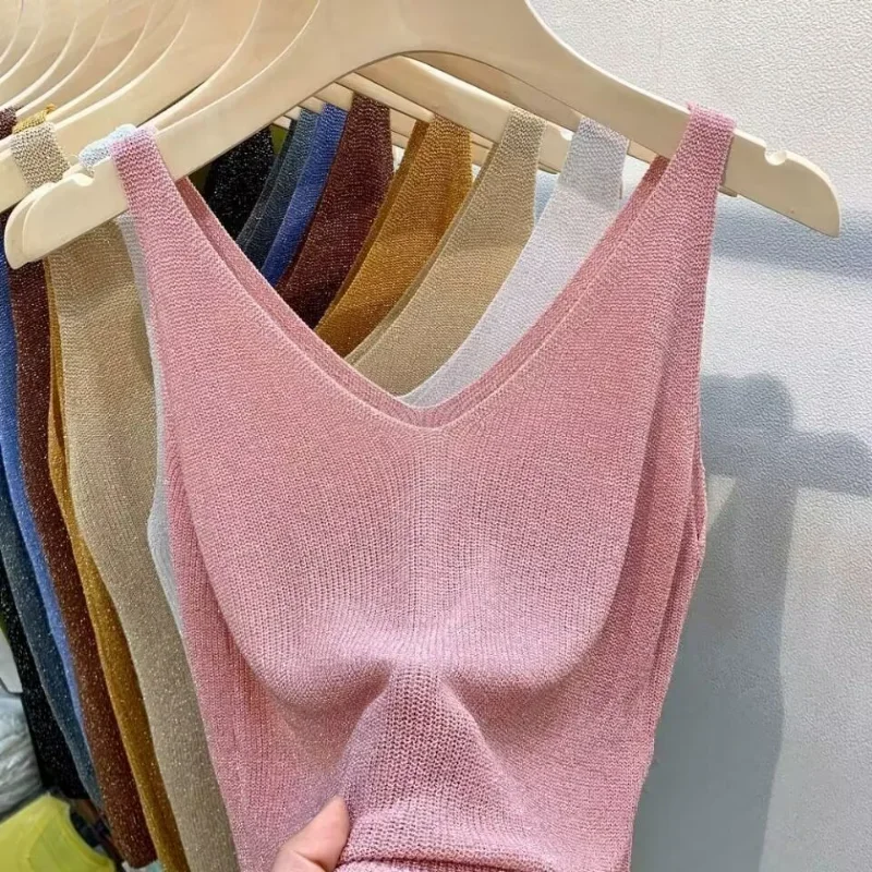 Casual Loose Knitted Sleeveless Camisole with Bling Women Summer Vest Tank Tops 2024 New Sexy V-neck Solid Camis Skinny Vests