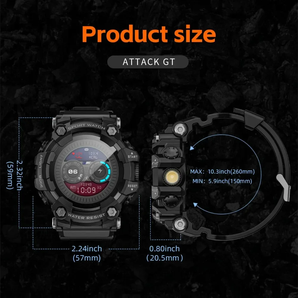 LOKMAT ATTACK-GT Upgrade Sport Smart Watch Waterproof Bluetooth Calls Rugged Smartwatches Flashlight Fitness Tracker for Phone