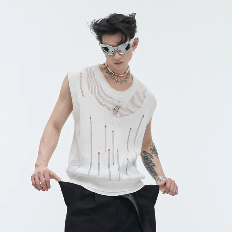 IEFB Summer Streetwear Men Knitted Vest Round Collar Tank Top Men's Sleeveless T-shirt Metal Design 2024 Summer New 24Y164