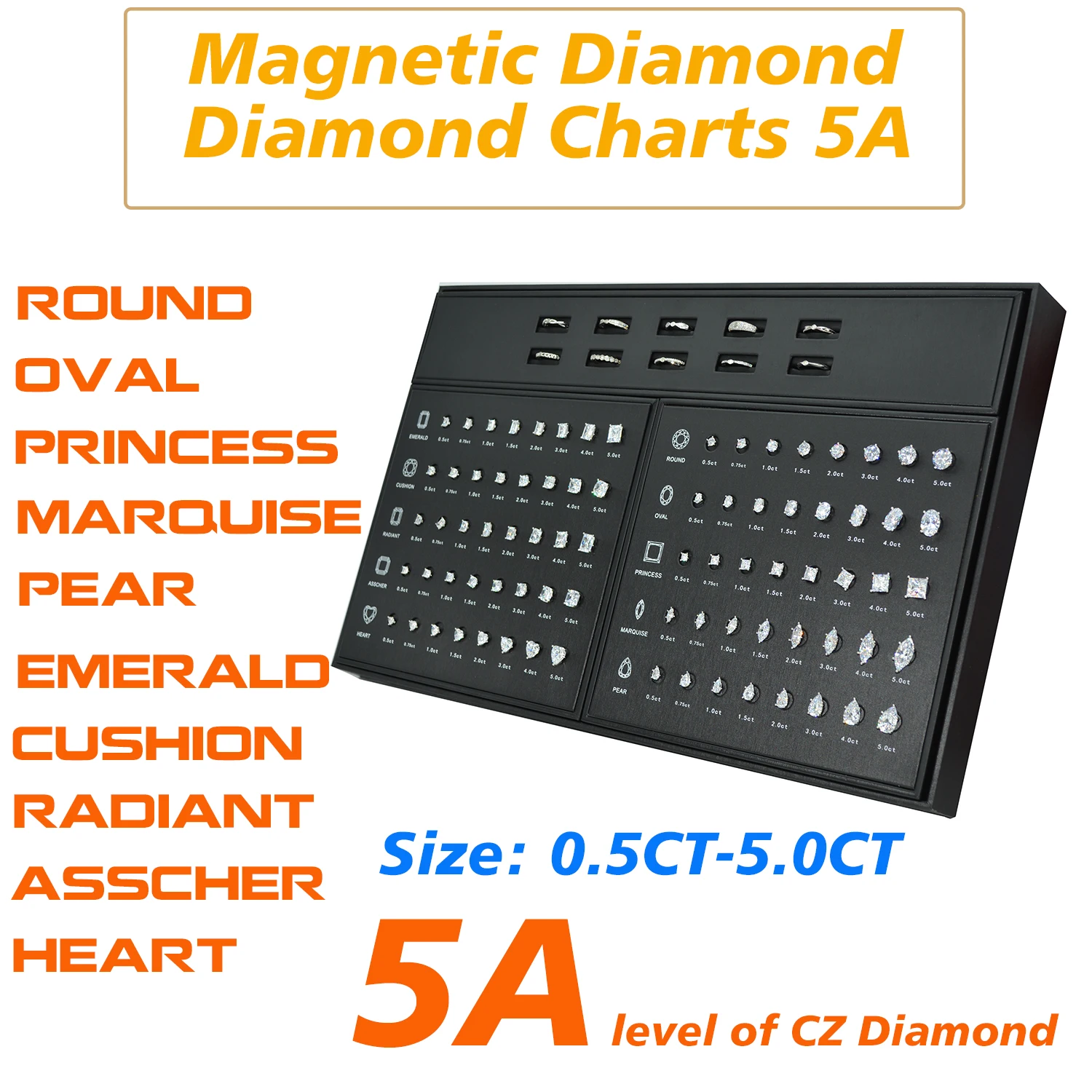 2026 Magntetic Jewelry Sales Tool Kits Choose Diamond Size Chart 5A White CZ Ring Diamond Shape Chart for Jewelry Store
