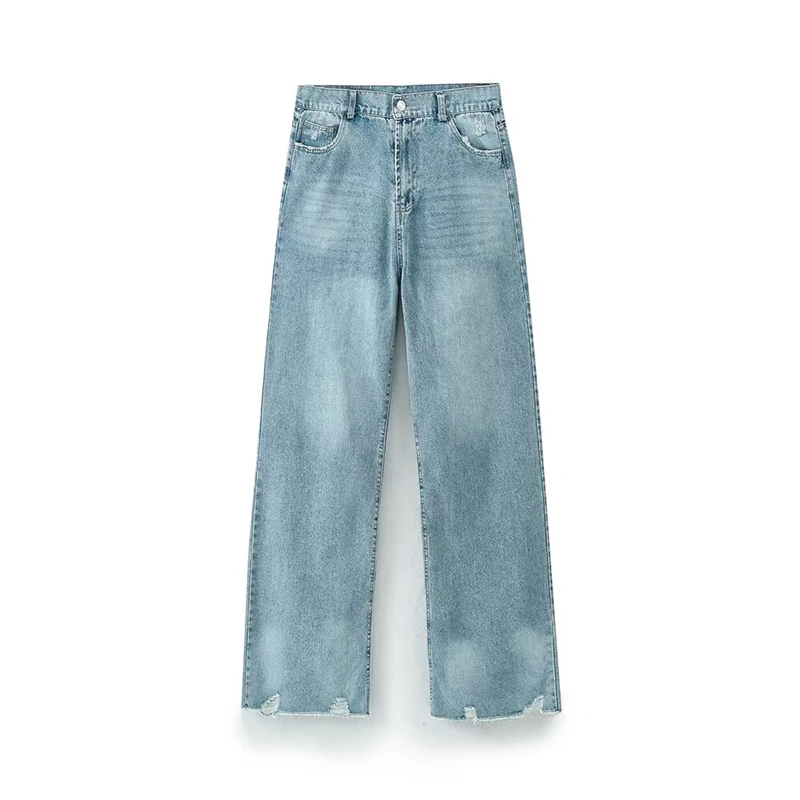 

YENKYE New Women Fashion Ripped Wide Leg Jeans Vintage High Waist Pockets Female Denim Pants Autumn Trousers pantalones