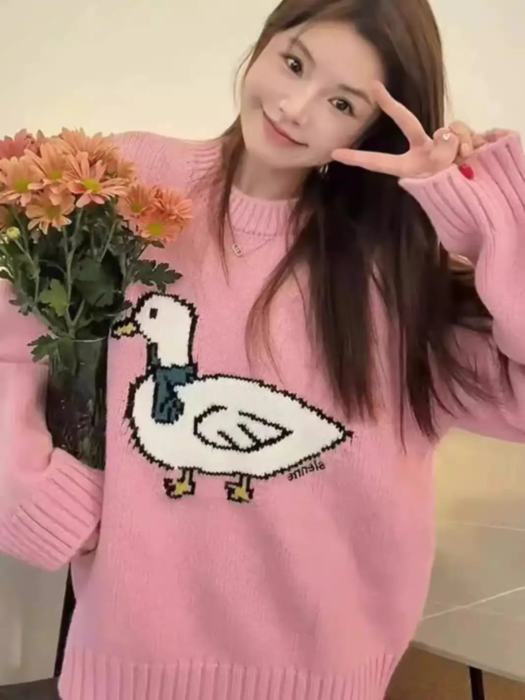 Korean Style Sweet Duckling Pattern Knitted Sweater Women's Loose Lazy Style Outerwear Autumn Winter New Arrival Warmth Heating