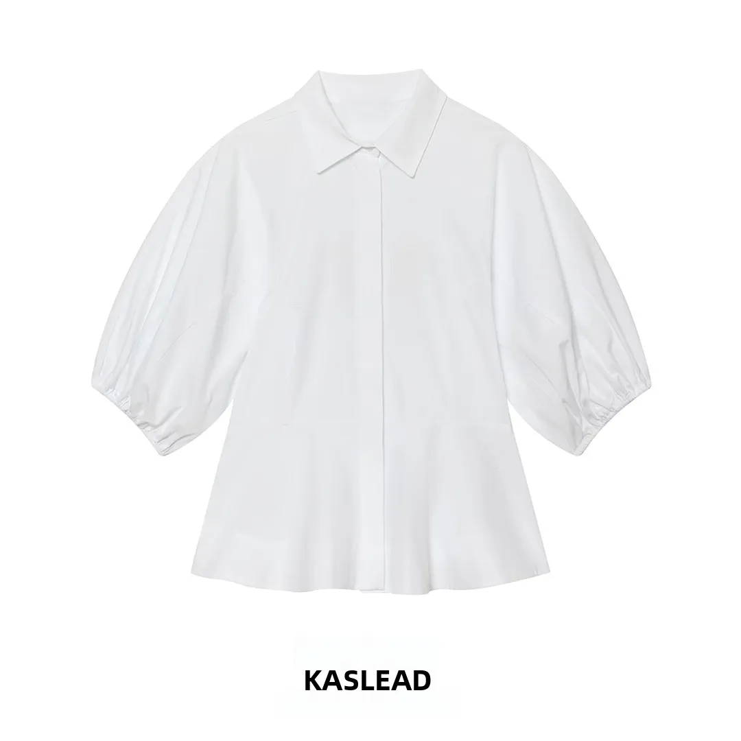 

KASLEAD New Women's Fashion Simple Bubble Sleeve Nine-Point Short Skirt Shirt Stylish Polyester Fiber Loose Fit Summer 2026