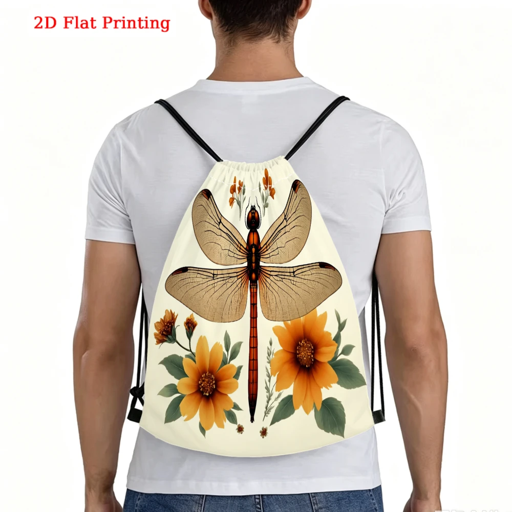 Vintage Style, Drawstring Backpack, 2D Flat Printing Dragonfly And Sunflower Pattern, Gym Sports Bag, Outdoor Travel Cinch Sack