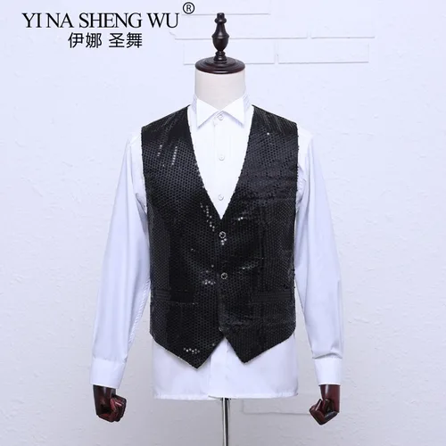 Imagen 2 del producto Chaleco con lentejuelas para hombre, trajes de espectáculo escénico para fiesta de baile de Jazz, chaleco sin mangas ajustado de lujo para negocios y boda