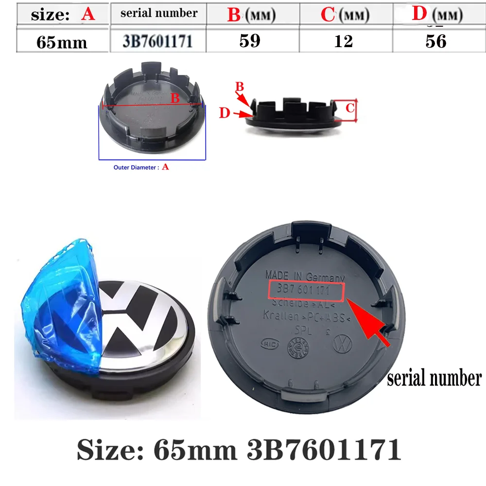 4 stuks 3D zwart zilver voor 55mm 56mm 65mm 70mm 76mm auto-embleem wielnaaf center cap badge covers sticker Stylin3B7601171 1J0601171