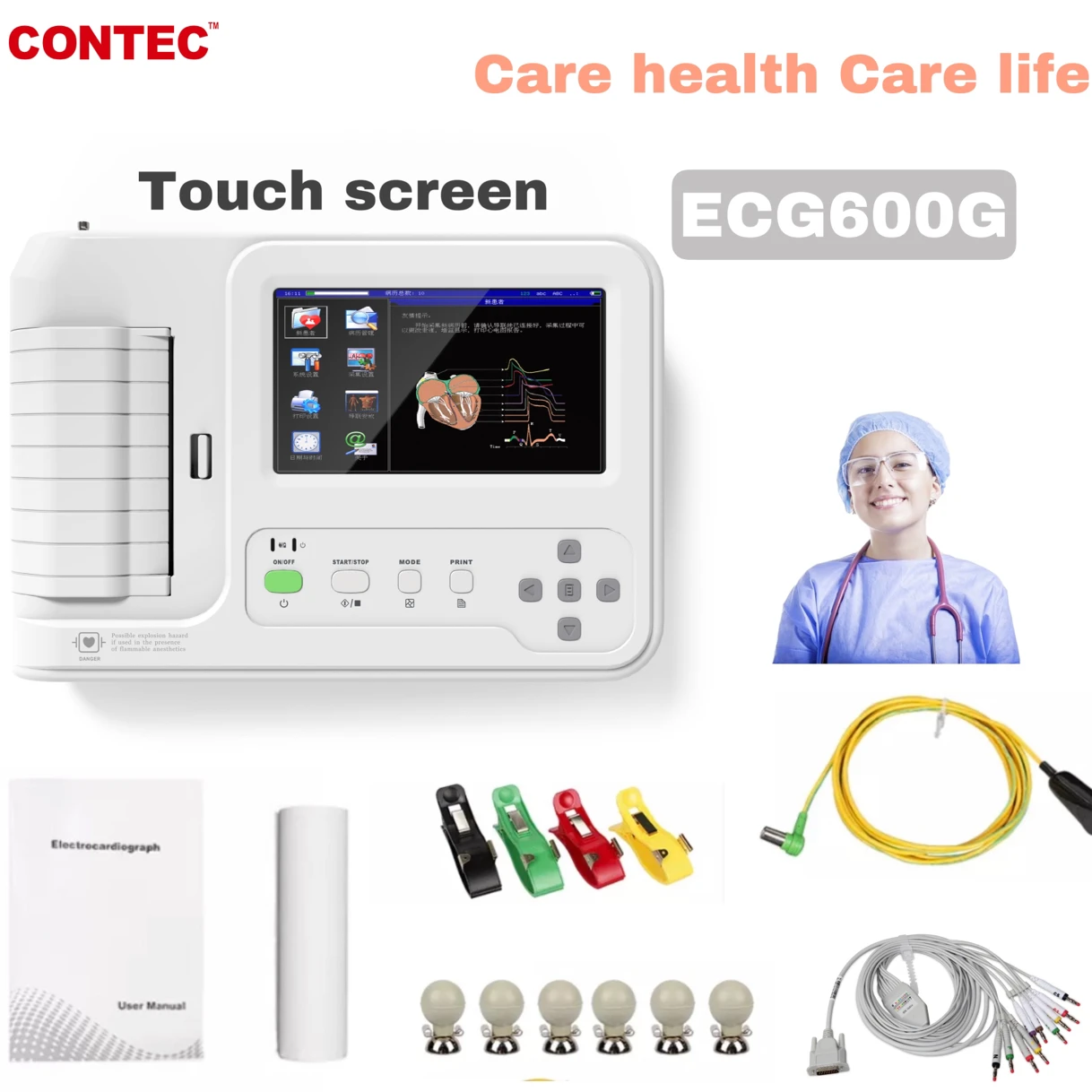 

Цифровой Электрокардиограф CONTEC ECG600G, сенсорный экран, 6 каналов, 12 выводов, монитор ЭКГ с термопринтером