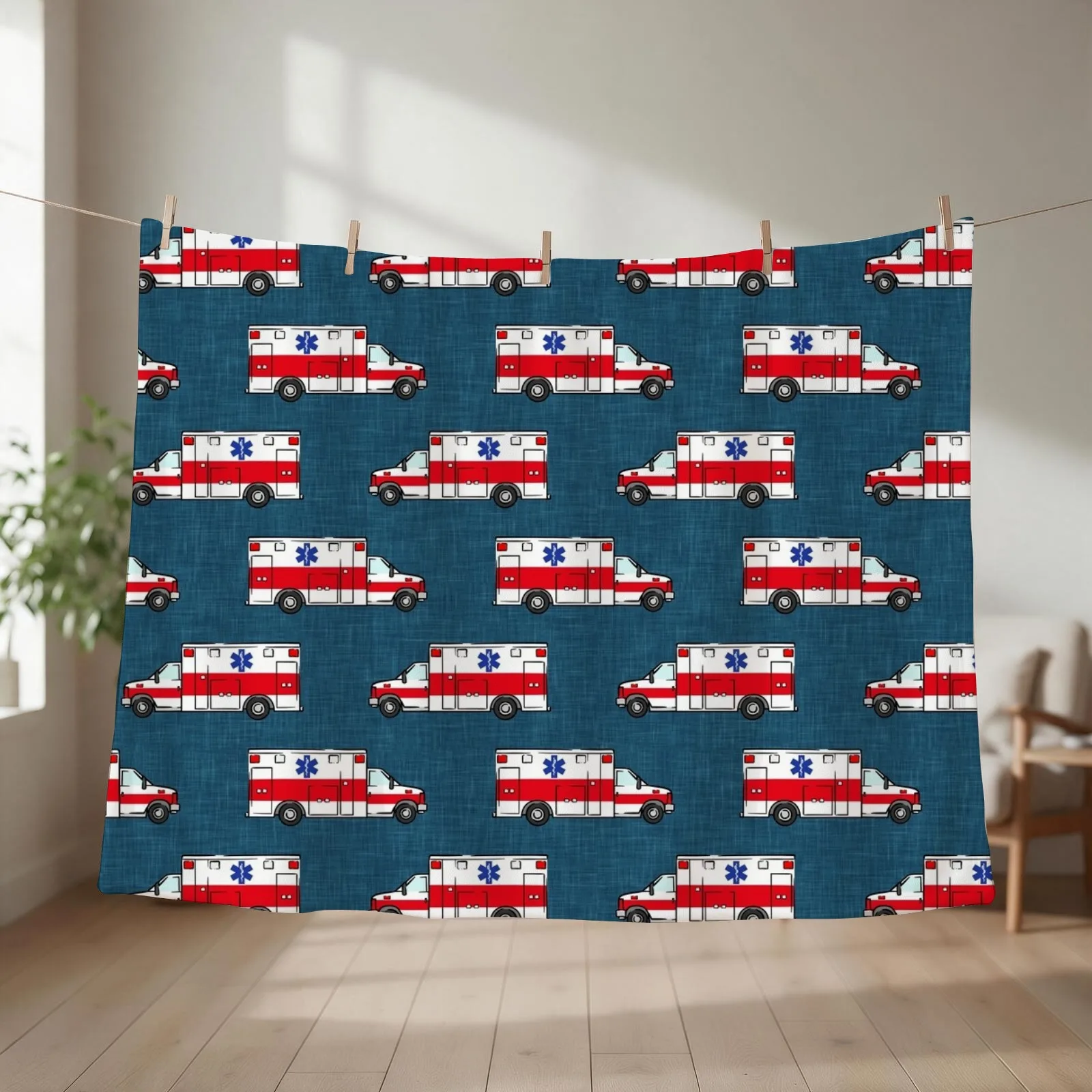 Ambulance on Dark Blue Throw Blanket couch cozy soft plush fuzzy picnic outdoor blanket