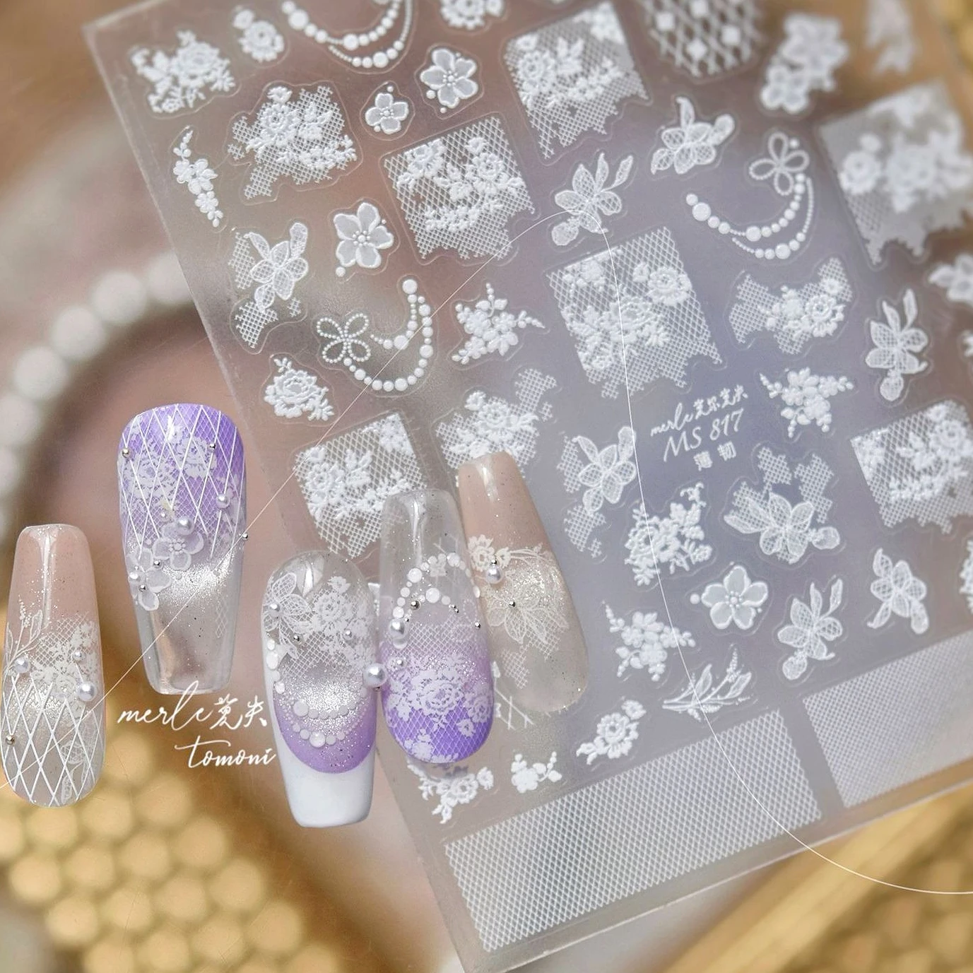 

Dreamy Lace Rose Flower Fabric Art Tender Gauze Gird Pearl Pendant Irregular Pattern Nail Art Stickers Decoration Manicure Decal