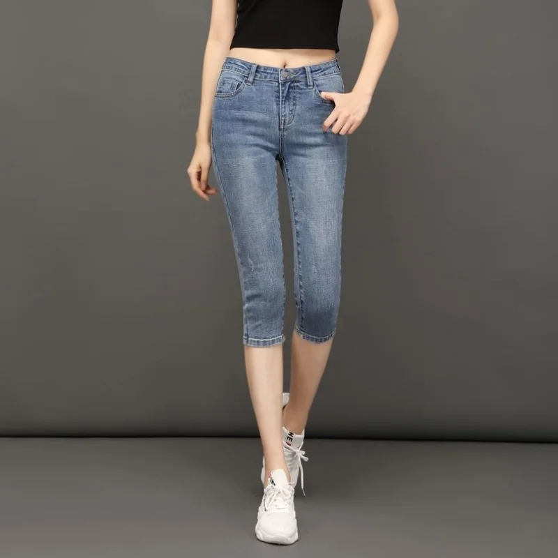 

Ladies Pencil Jeans Mujer 2023 Summer Stretch Skinny Denim Capris Women Fashion High Waist Casual Washed Calf-Length Pant