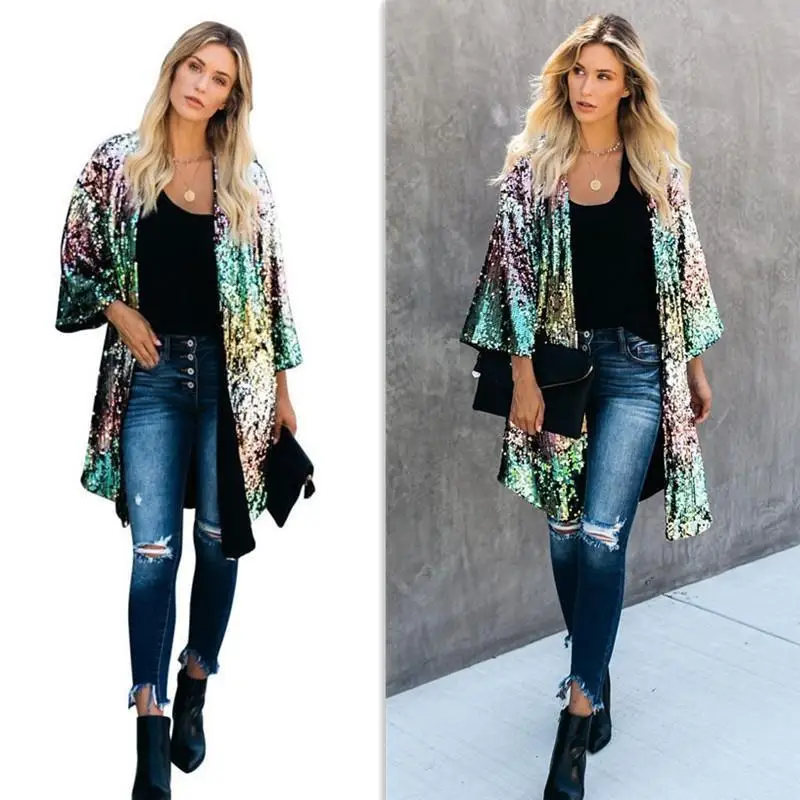 

Faionable Sequin Street Sle Women's Open Cardigan Windbreaker Jaet Long Sve PU Material Spring Season