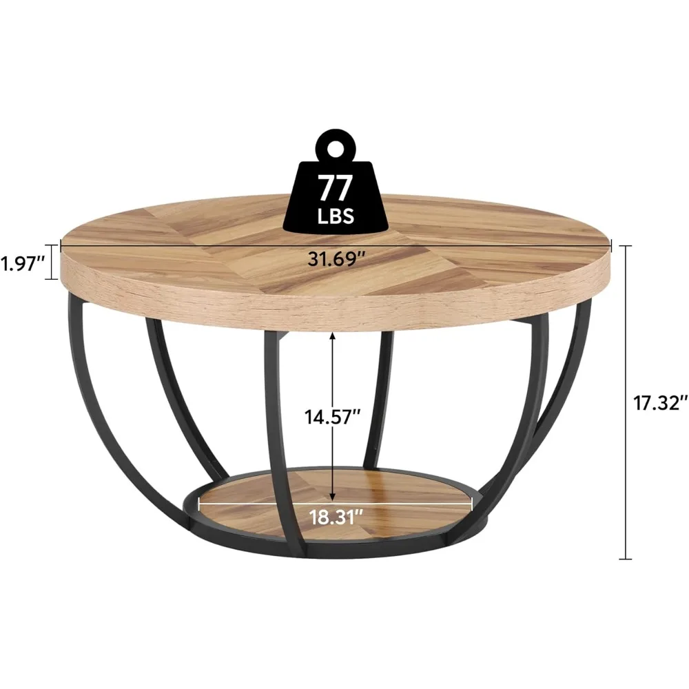 

32-inch Round Coffee Table, Modern Double-layer Wood-paneled Center Table with Open Shelving,Customizable