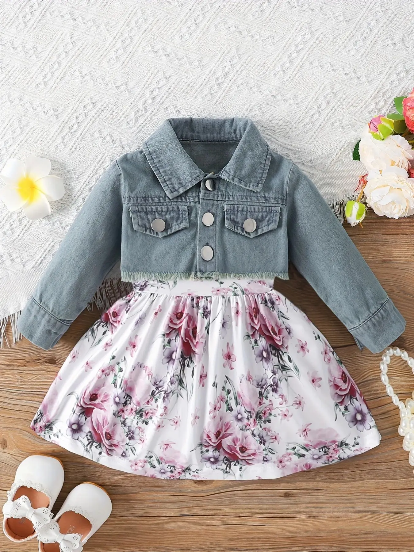 0-2 Years Old Summer New Baby Girl Spring And Autumn Sleeveless Fawn Print Dress Denim Embroidery Long Sleeve Jacket