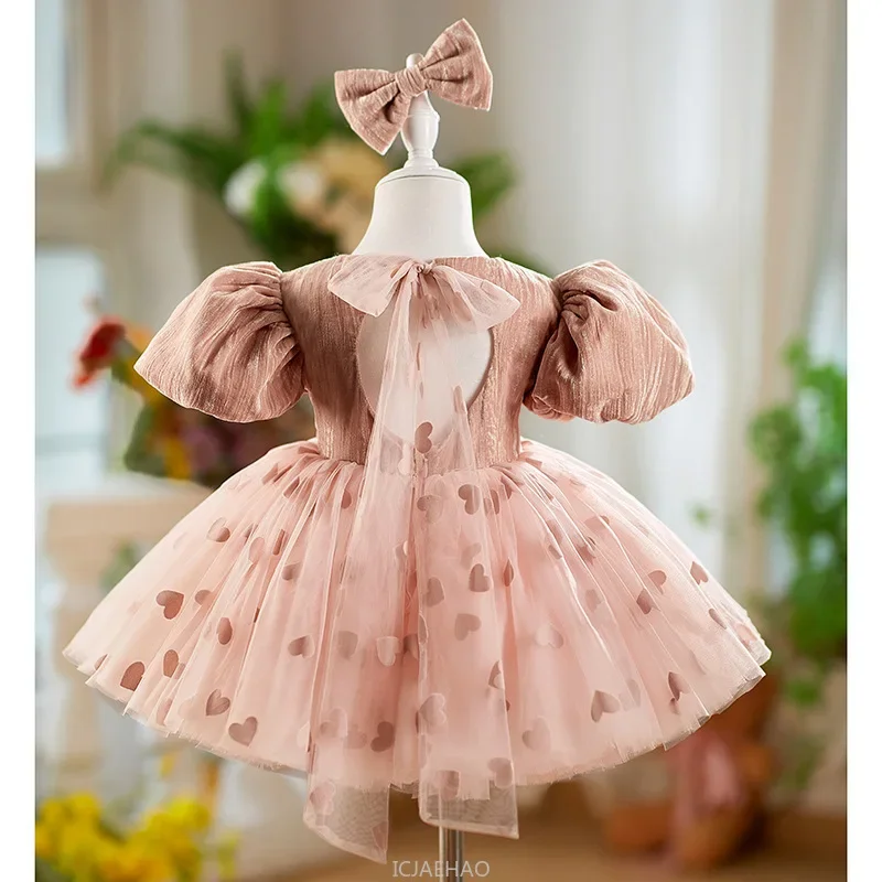 

Party Dress Girls Birthday Bow Bubble Sleeve Tulle Skirt Cute Outfit Vestido Teen Girl Clothes Princess Gown Kids Formal Tutu