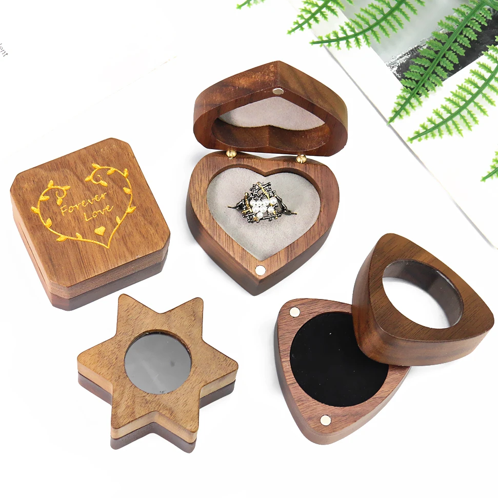 

Retro Walnut Wood Box Jewelry Organizer Magnetic Wooden Storage Case Love Heart Star of David Reuleaux Triangle Gift Display