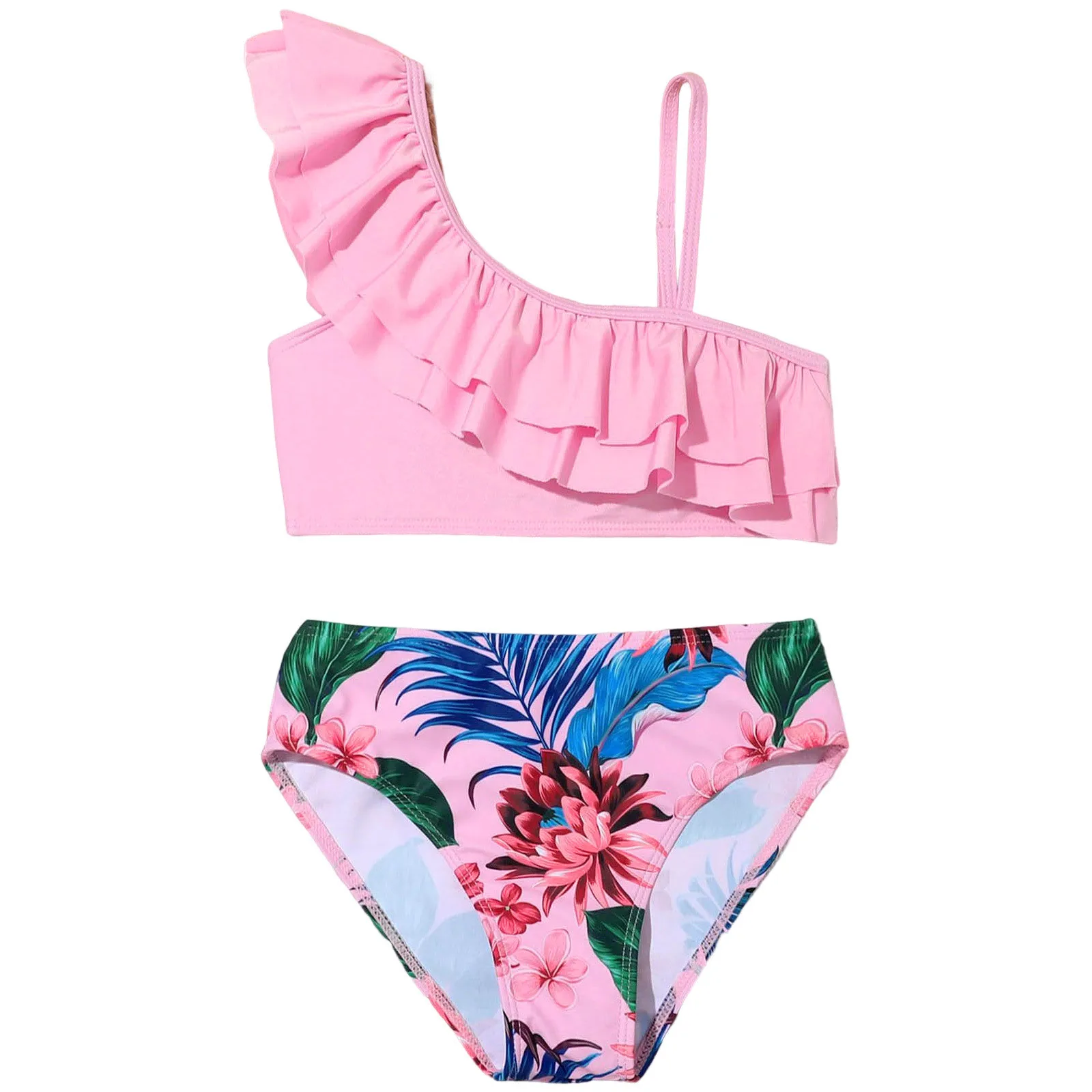 Bañador deportivo de 2 piezas para niña, conjunto de Bikini de cintura alta con estampado Floral de flores azules, talla 14