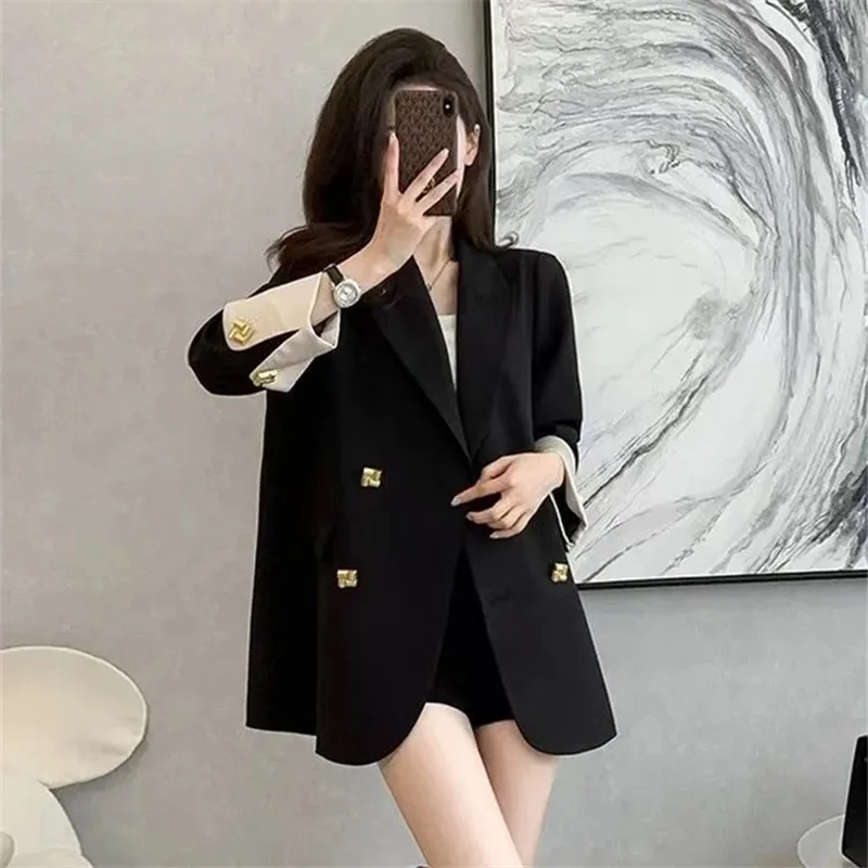 Korean Women\'s Blazer 2024 Spring Autumn New Double Breasted Color Matching Suit Coat Fashion Loose Long Sleeve Female Jacket