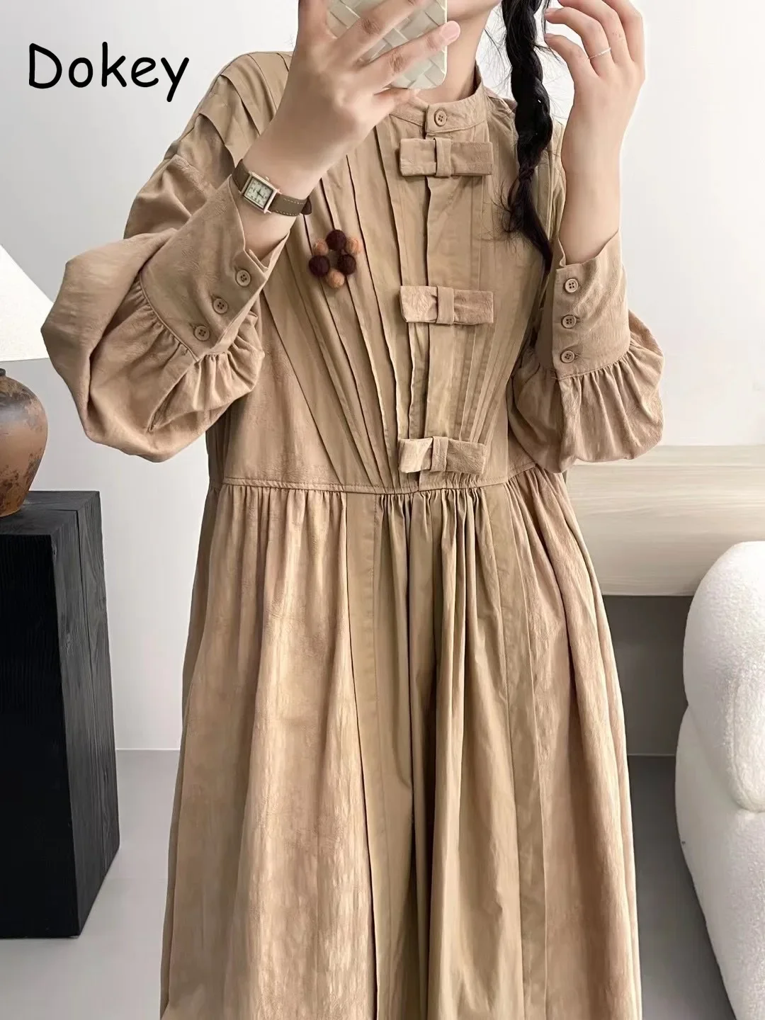 Vestido vintage de linho de algodão plissado manga longa feminino, vestido Kawaii elegante japonês solto de botões, simples e casual, outono