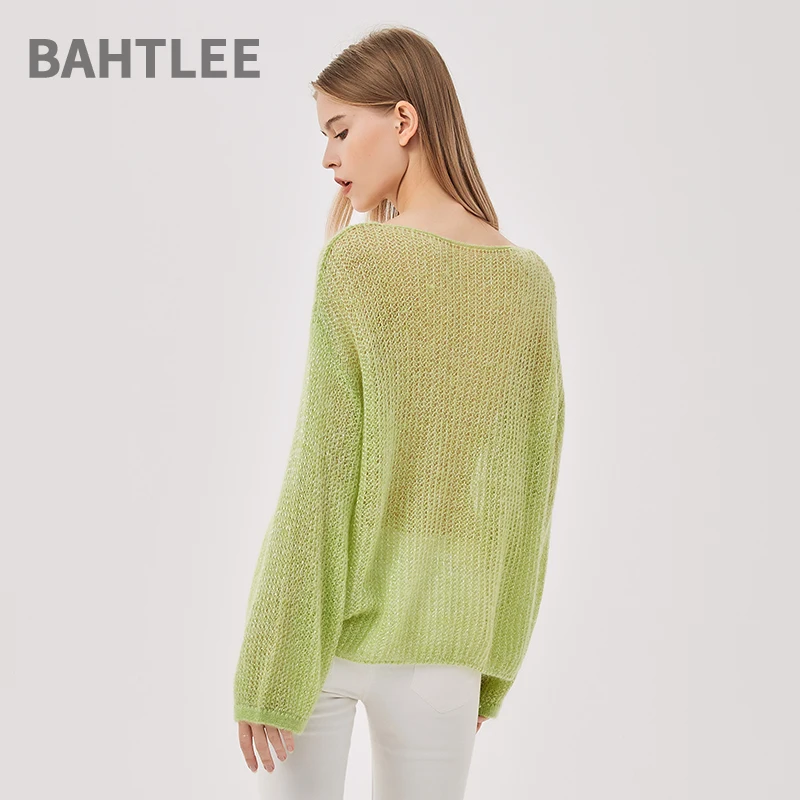 BAHTLEE-Women\'s Mohair Knitted Pullovers, Slash Neck, Flare Sleeve, Thin, Loose, Comfortable, See-Through, Autumn