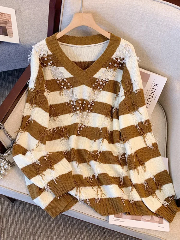 Beading Autumn and Winter New Women's Striped Color Block Sweater Pullover V Neck Long Sleeve Casual Loose Warm Sweater