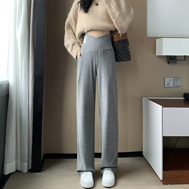 Winter Warm Knit Maternity Wide Leg Pants Trousers For Pregnant Women Wear Loose Solid Color Pregnancy Clothes