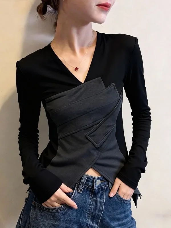 

Женская футболка размера плюс Color Blo Asymmetrical Long Sve, осенне-зимний топ на подкладке Fce Base irt