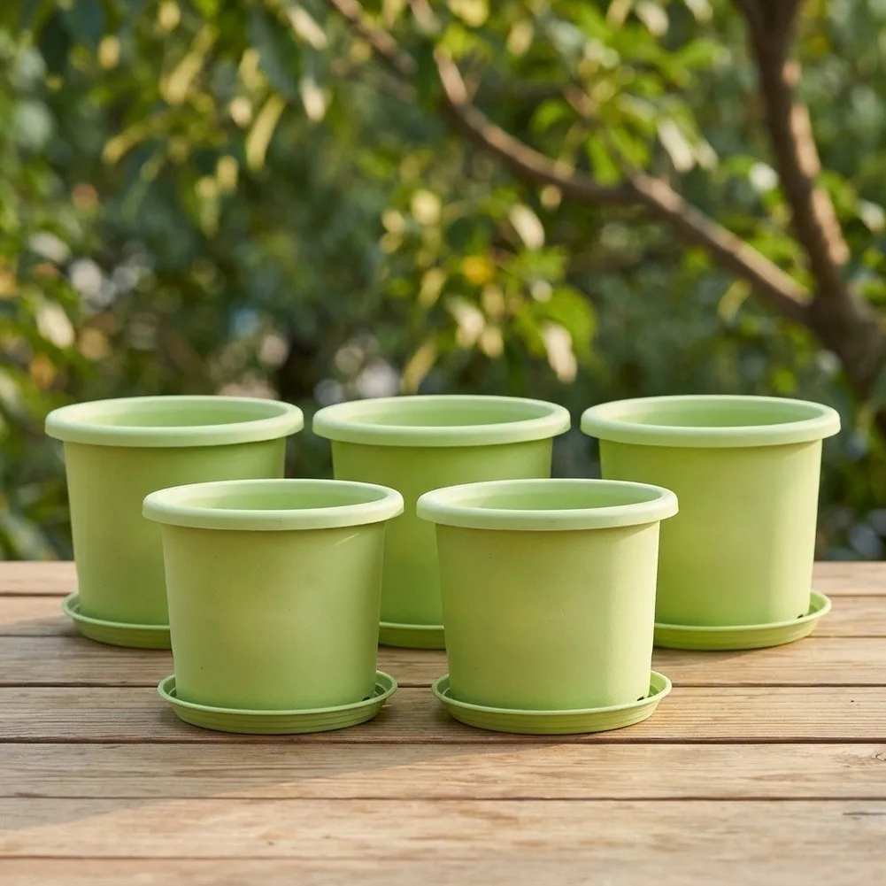 Large Resin Flower Pot Set of 5 with Effective Drainage System and Tray for Maintaining Plant for root Environment