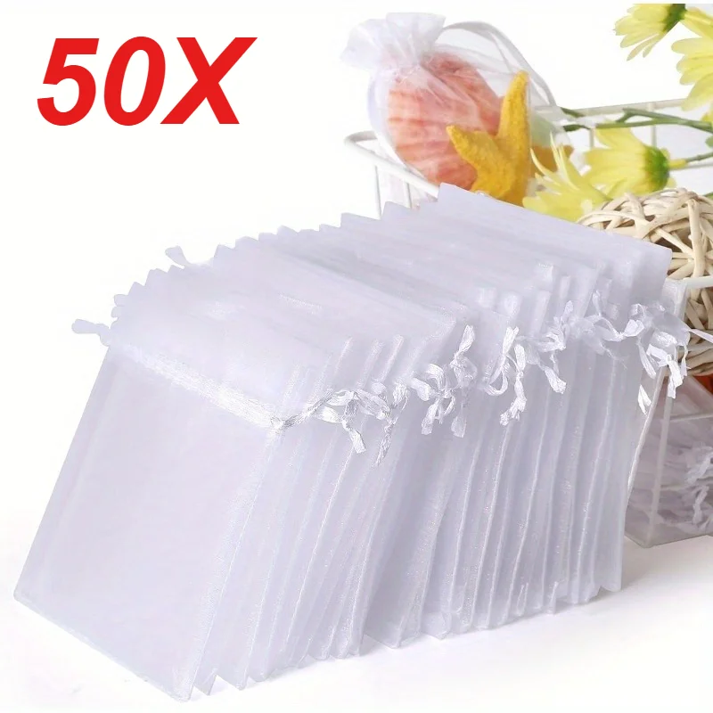 50PCS White Organza Bags Mesh Organza Jewelry Bags Drawstring, Small Drawstring Favor Pouches Christmas Candy Wedding Birthday