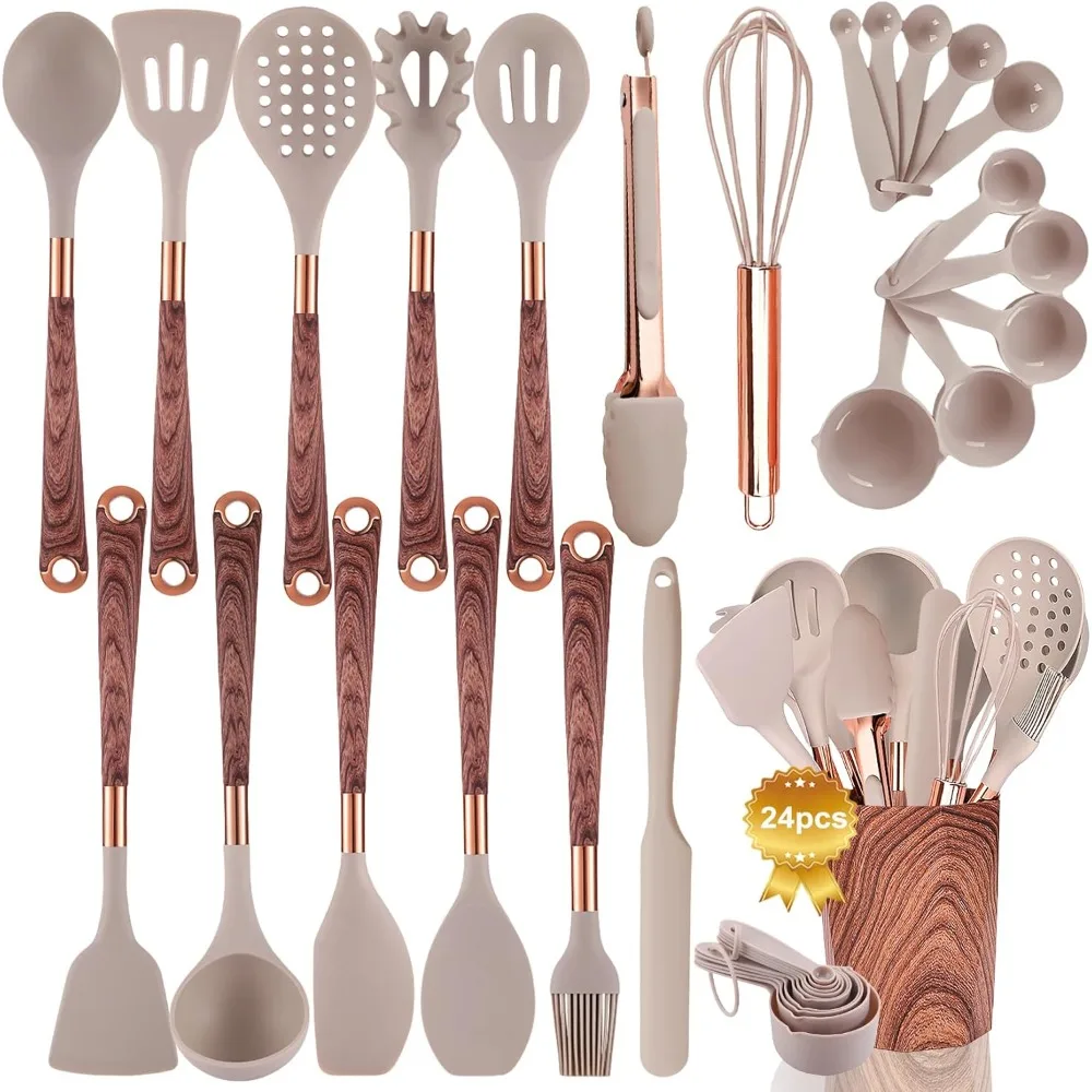 

silicone cooking utensils set with holder- 24pcs kitchen utensil set with wood pattern handle, silicone utensils for cooking wit