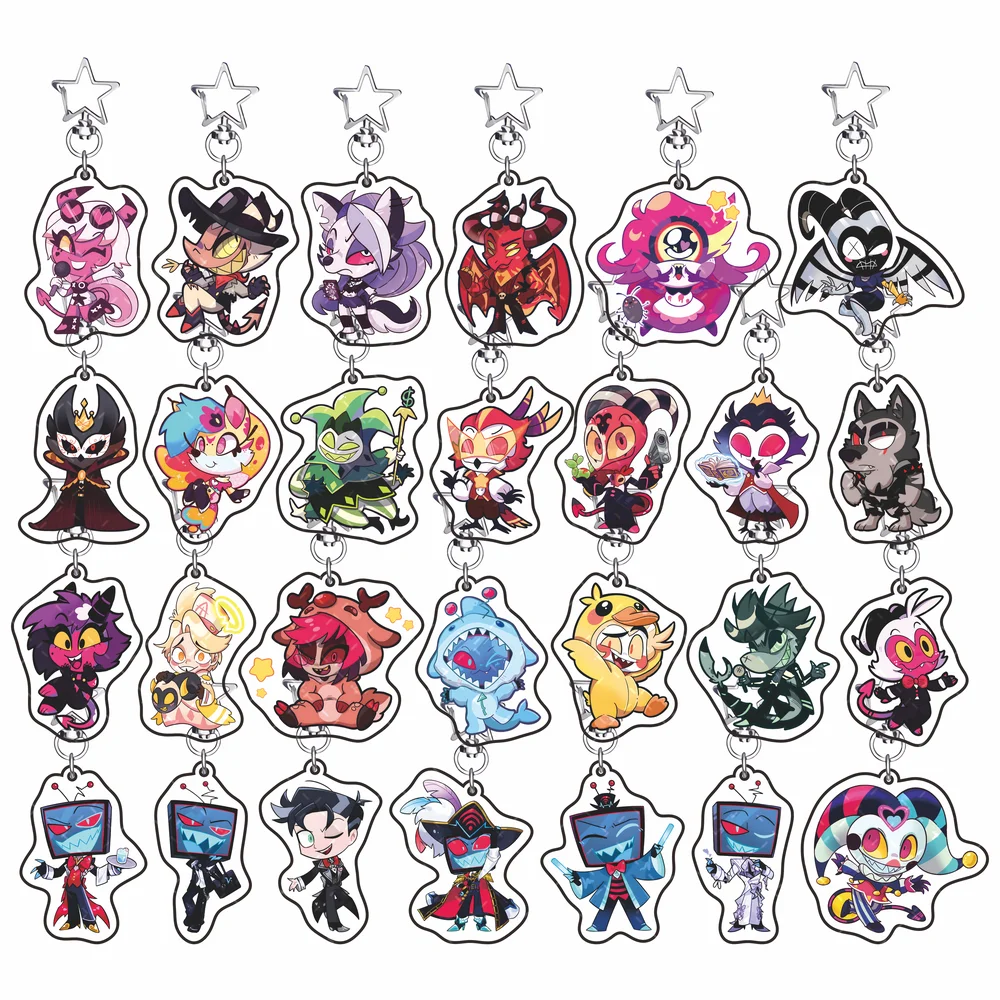Anime Hazbin Hotel 6cm Acrylic Keychain Cute Cartoon Character Pendant Star Buckle Keyring Bag Accessories Gift for Fans