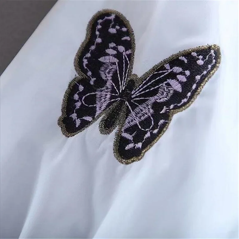 Vintage Women\'s Top Butterfly Embroidery Shirt Spring and Summer New Three Quarter Lantern Sleeves Collar Button Art Blouse