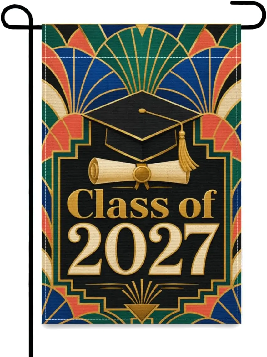 Ice Ink Class of 2027 12x18 Inch Garden Flag Linen Art Deco Cap Diploma Porch yyi